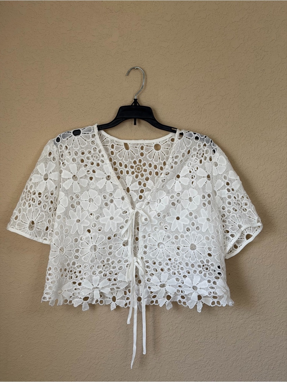 Amazon White Floral Crochet Tie-Front Crop Top